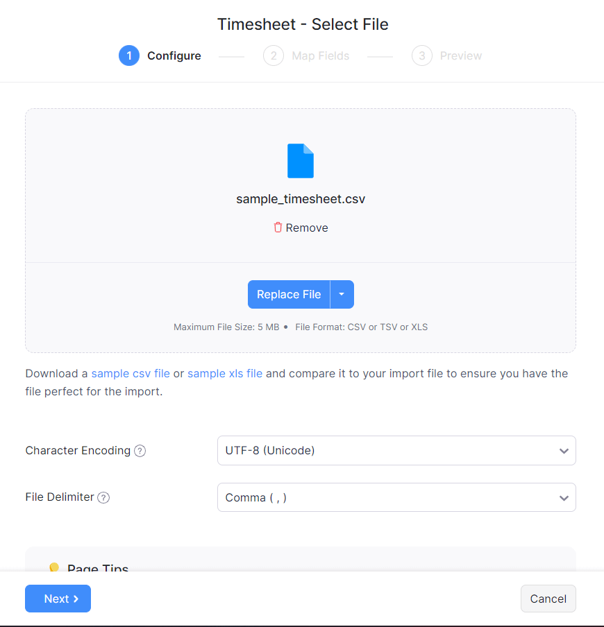 Select File for Importing Timesheet