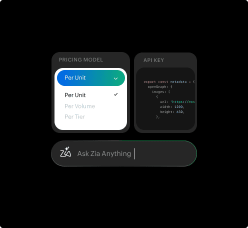 Card describing multiple pricing models with API keys along with Ask Zia widget