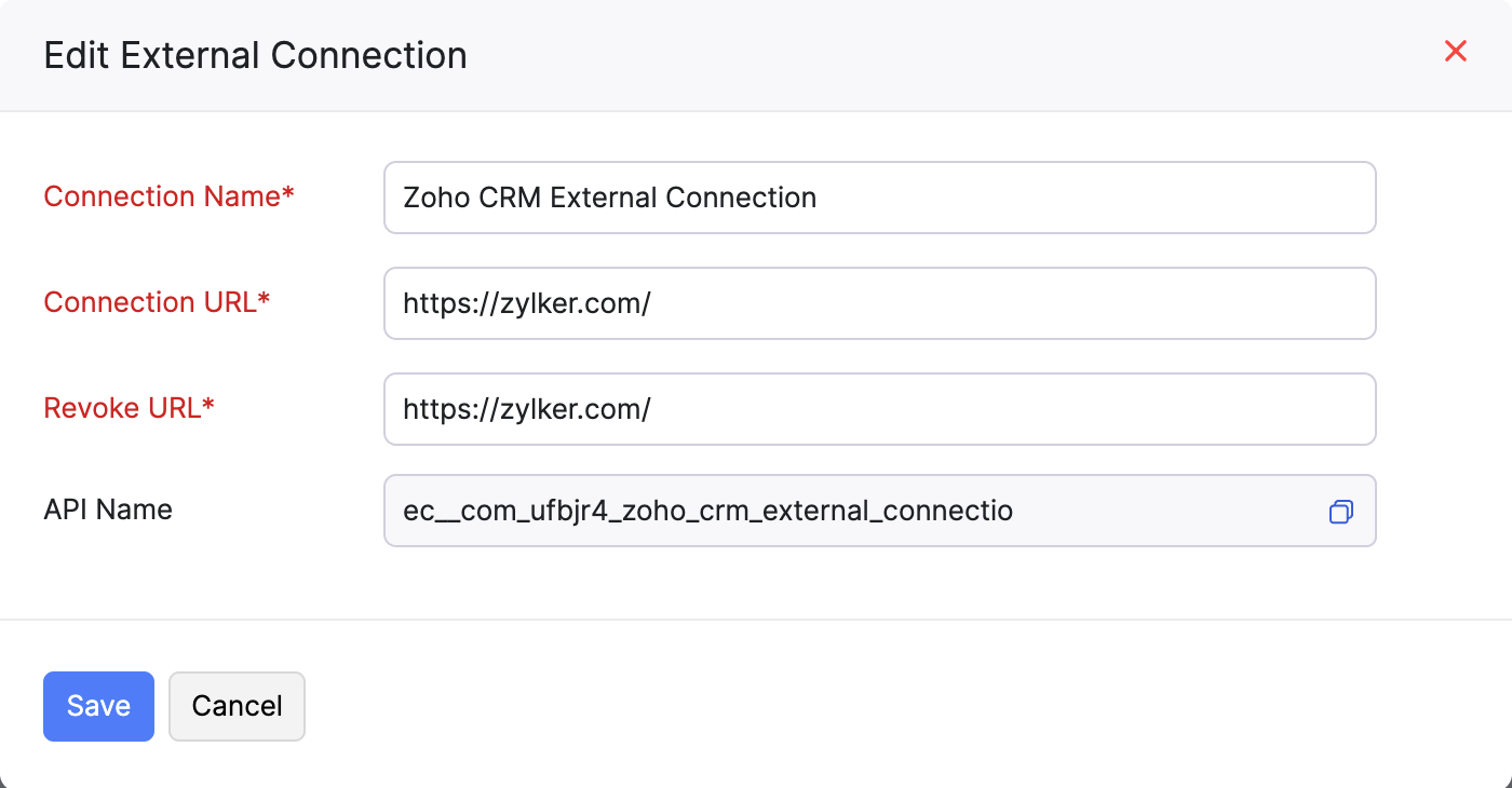 The Edit External Connection pop-up. Make the necessary changes and click Save to update the external connection.