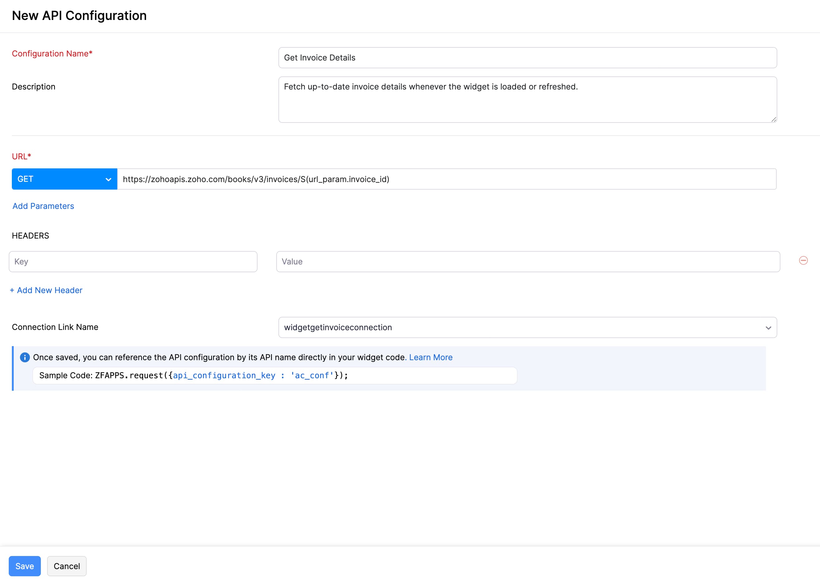 The New API Configuration page. To use dynamic URL parameters, add the parameters using the format ${url_param.paramName} in the URL, and pass the corresponding dynamic value from the widget.
