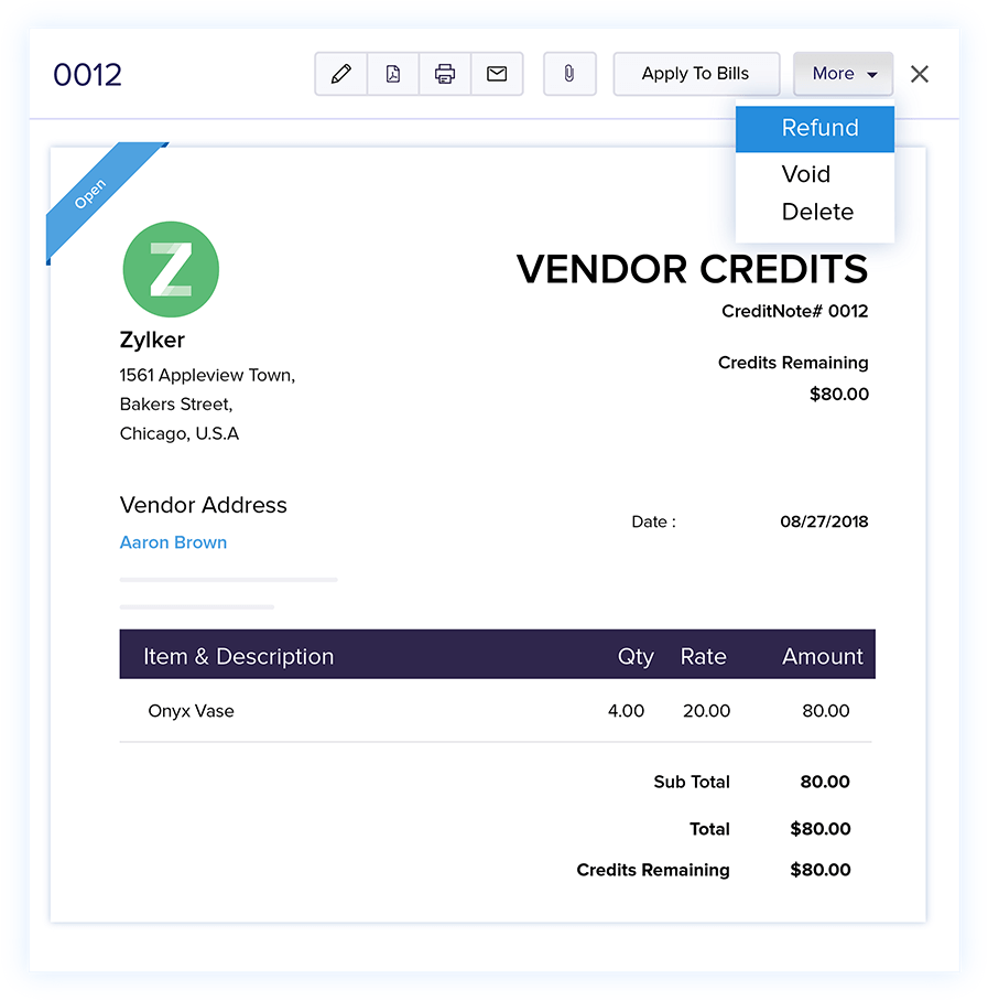 Vendor Credits - Online Billing Management Software | Zoho Books