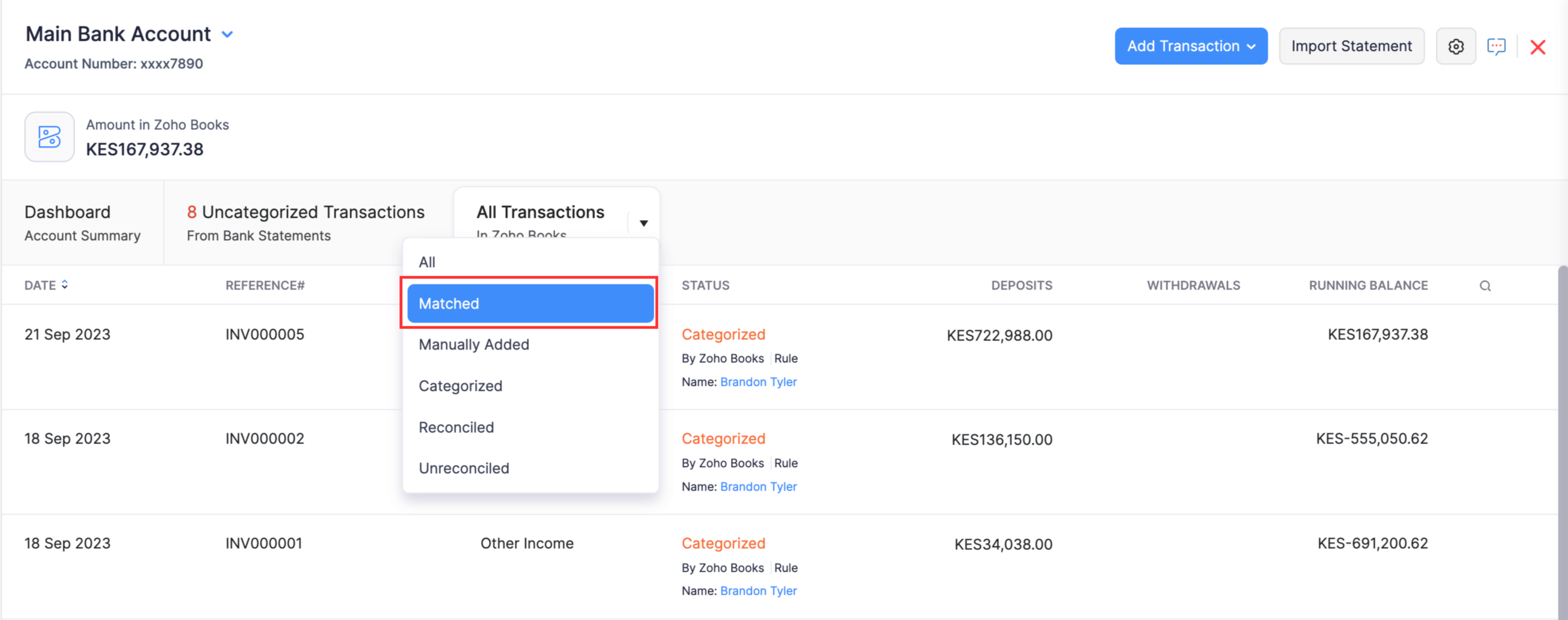 Click Matched from the All Transactions dropdown