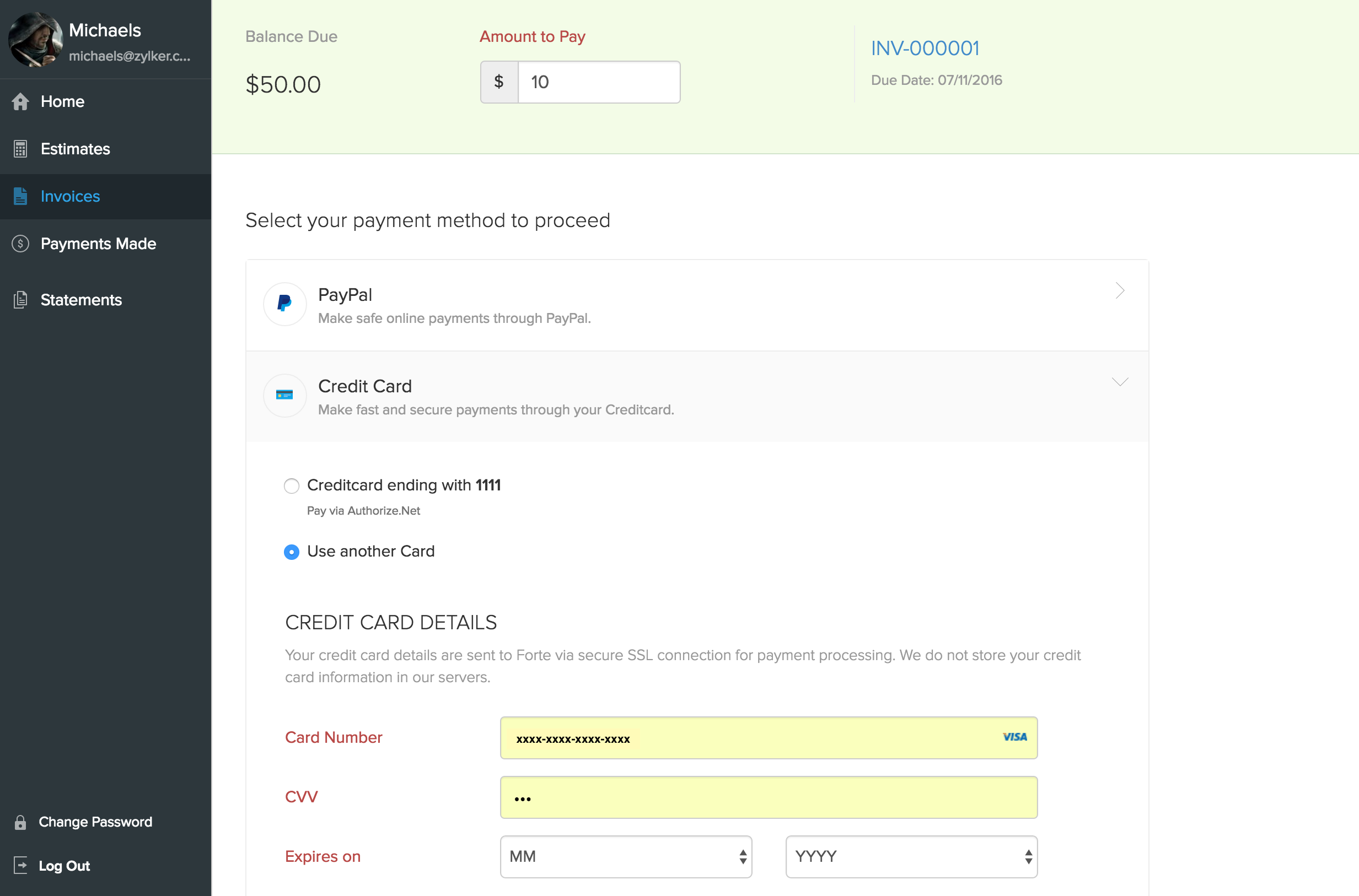 Tela do cartão de crédito