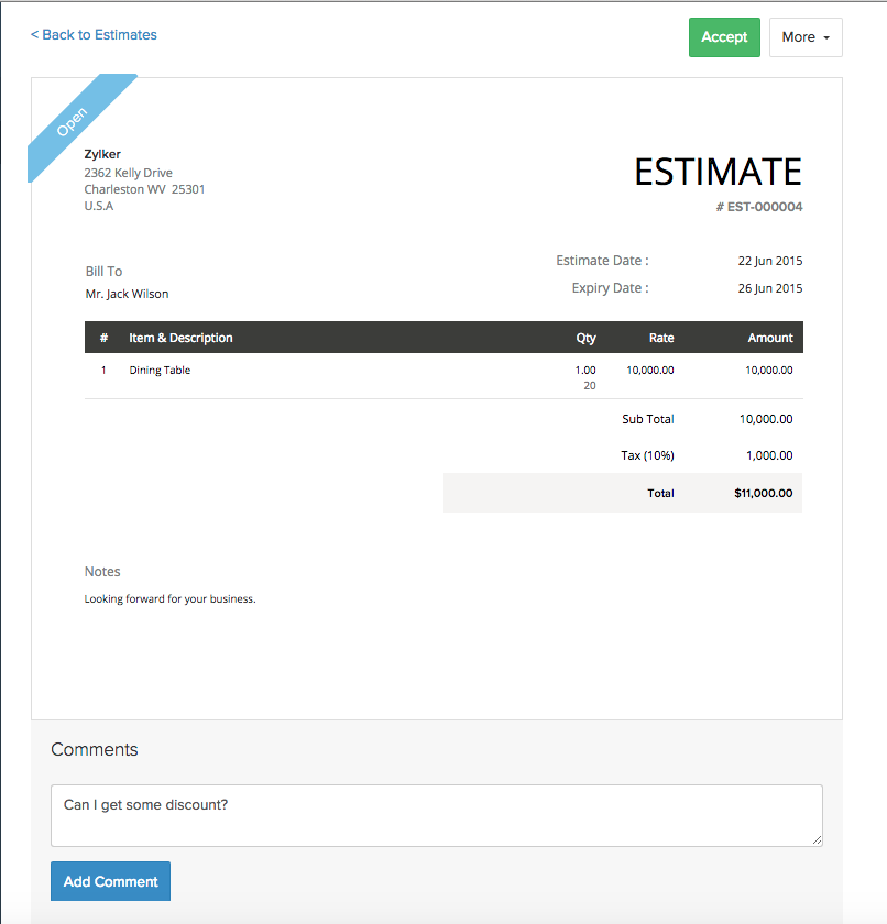 Comentário do cliente no portal do cliente
