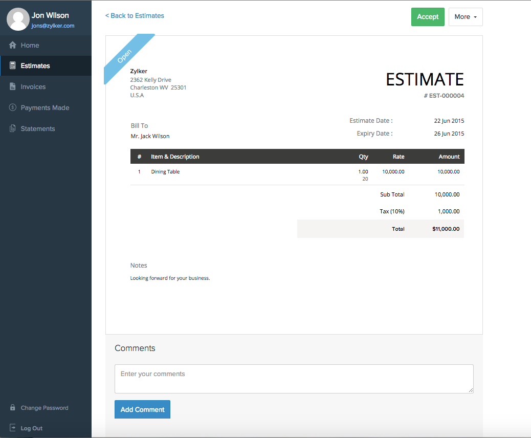 Aceitando Estimativa no portal do cliente