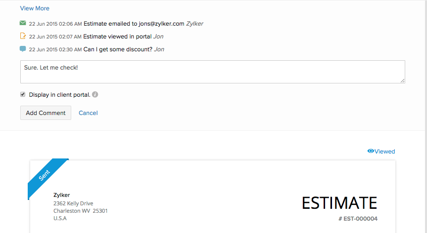 Comentário do usuário em Zoho Books