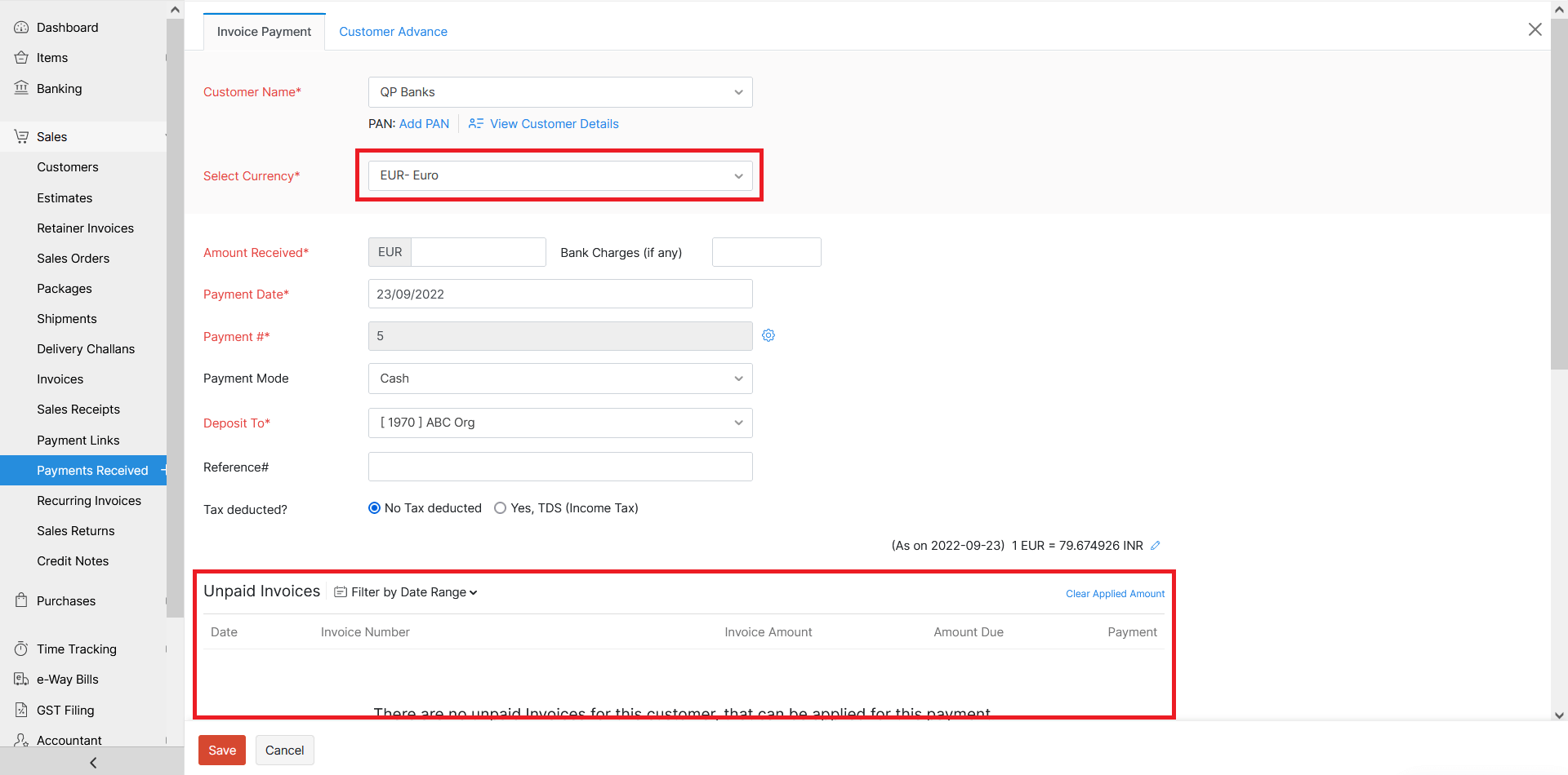 Recording payment received in a currency in which you have not created any invoice