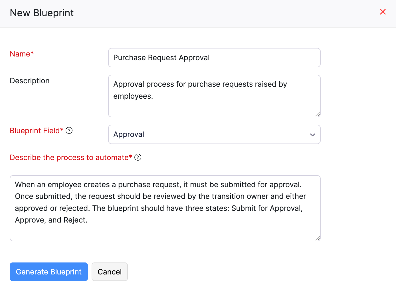 The New Blueprint pop-up to generate a blueprint using Zia. Fill in the Name, Description, Blueprint Field, and Describe the process to automate fields, and click Generate Blueprint.
