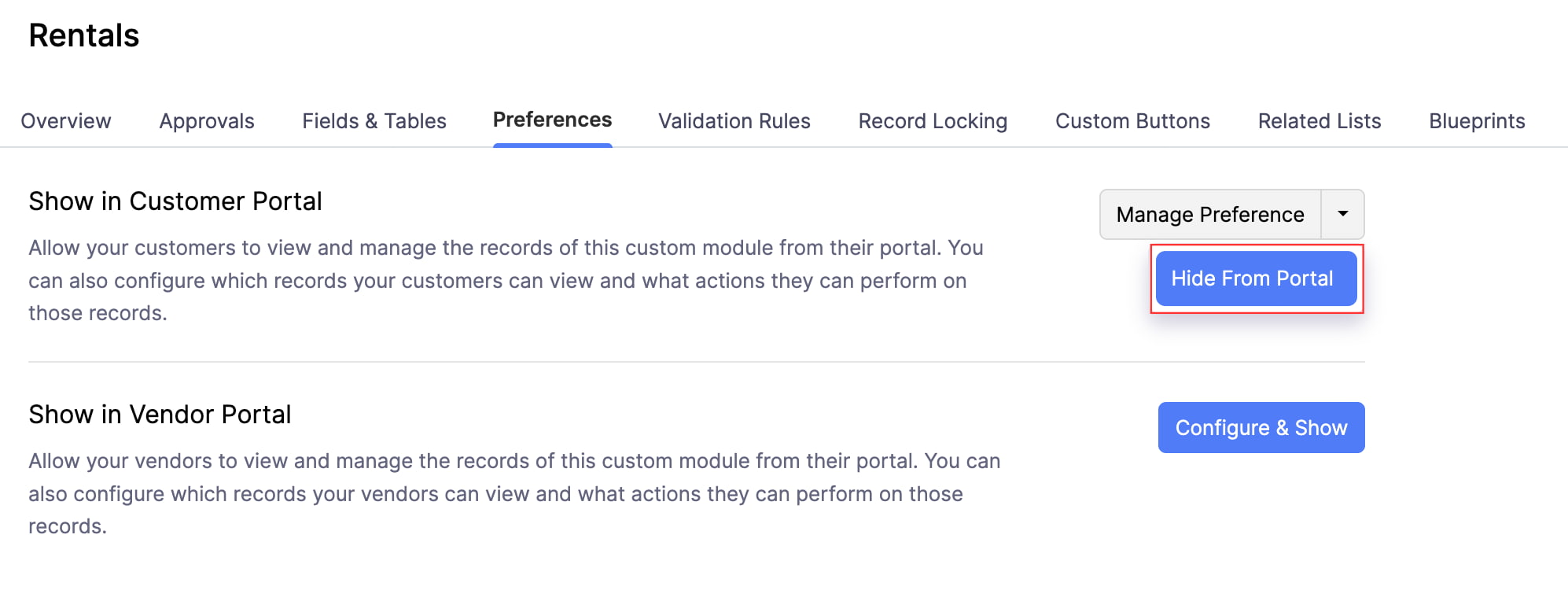 The Preferences tab of a custom module. Click Hide From Portal next to the customer or vendor portal to hide the custom module in the respective portal.