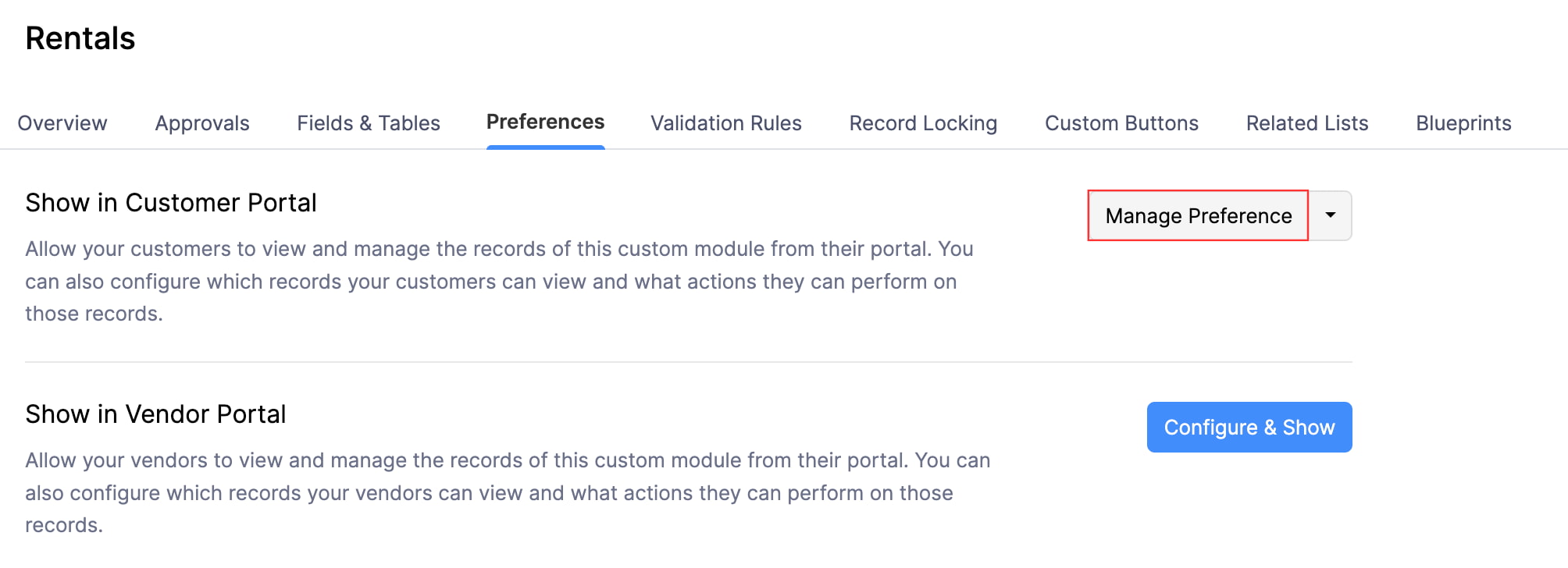 The Preferences tab of a custom module. Click Manage Preferences next to the customer or vendor portal to update its preferences in the respective portal.