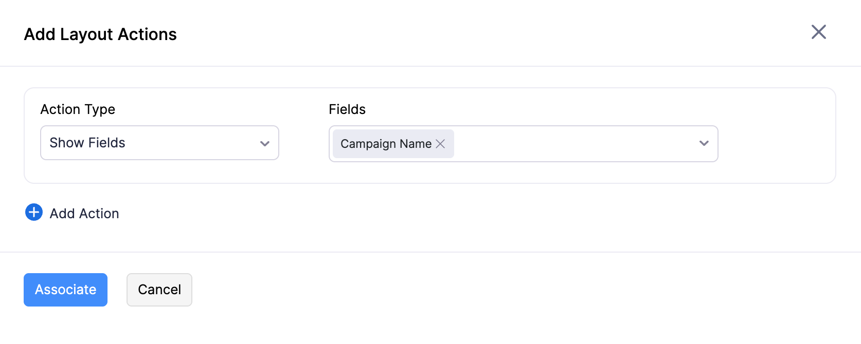 The Add Layout Actions pane to select an action type and the fields to apply it to.