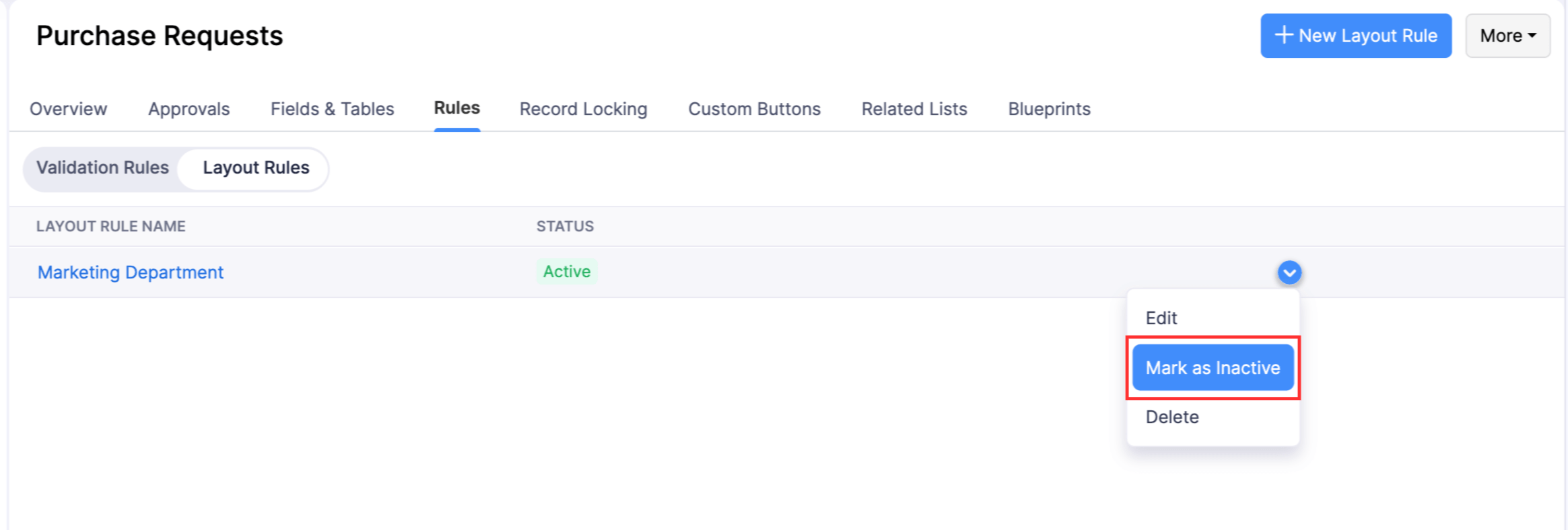 The More Actions dropdown of a layout rule with the Mark as Inactive option highlighted.