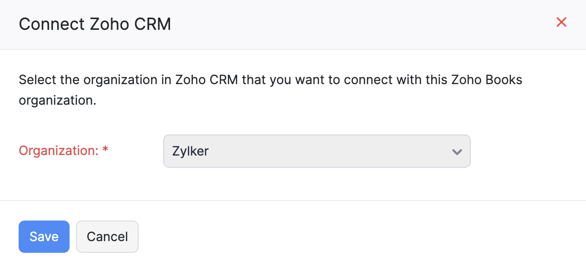 Select Zoho CRM organization to connect with Zoho Books