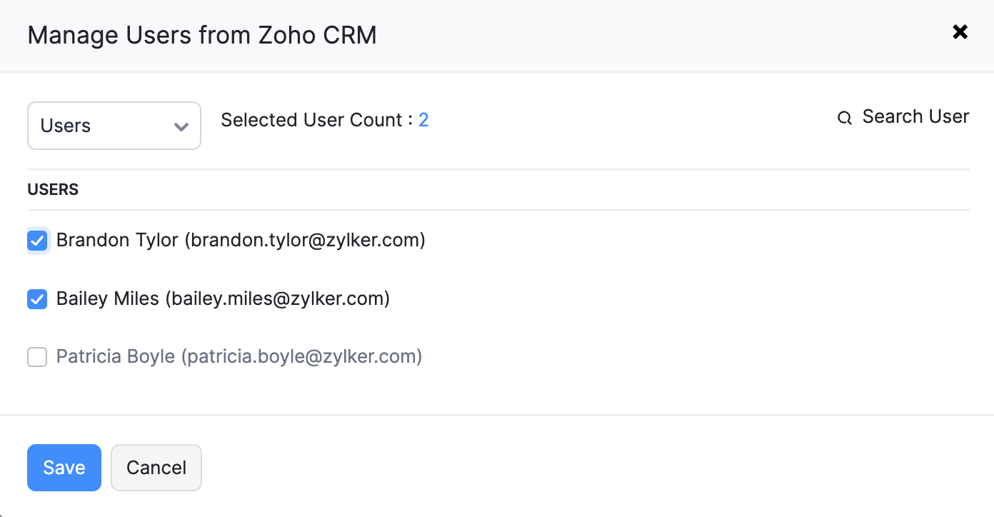 Select the users that you want to add to the Integration User (Zoho CRM) role