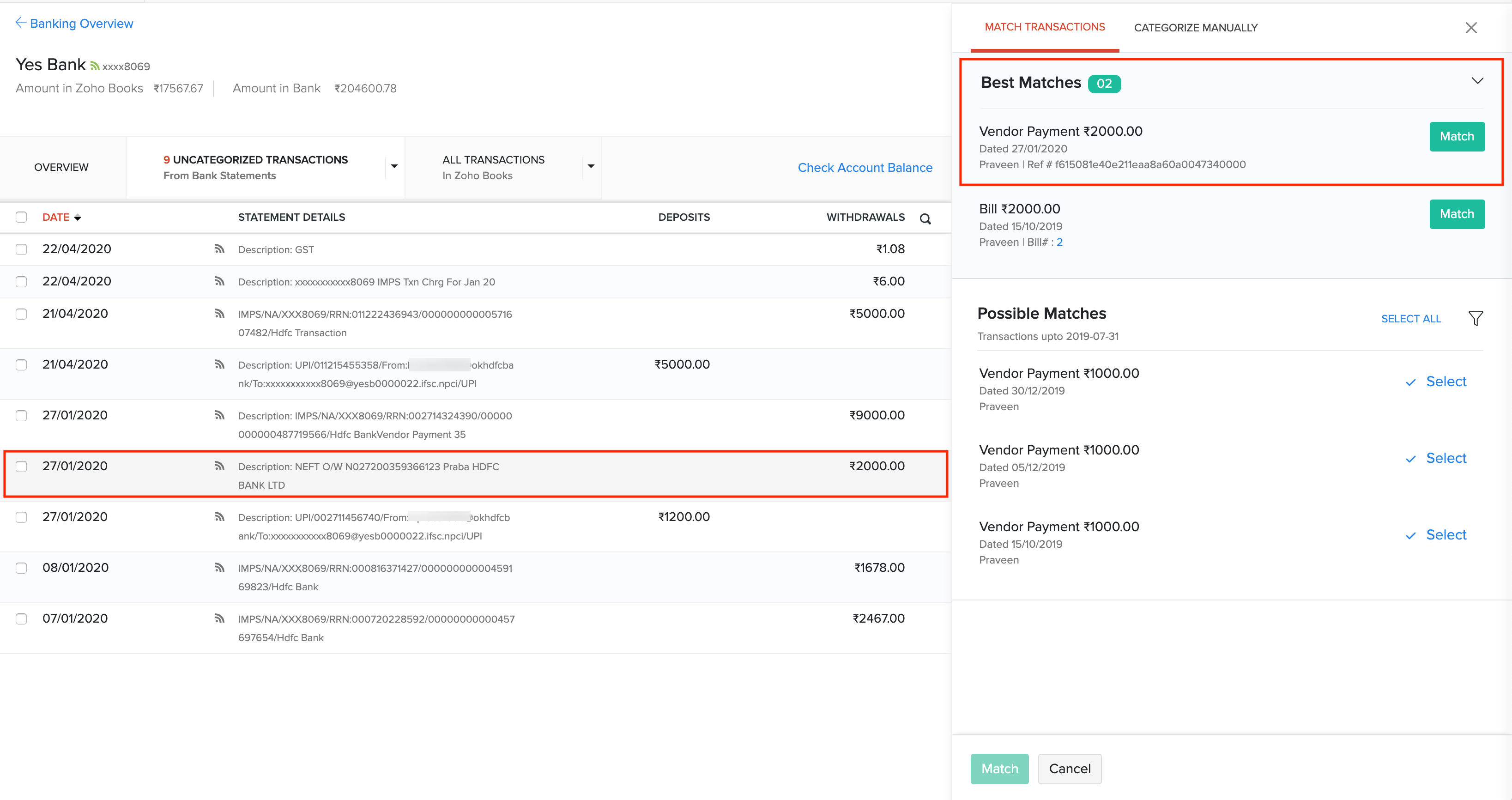 Match Yes Bank feeds with transactions