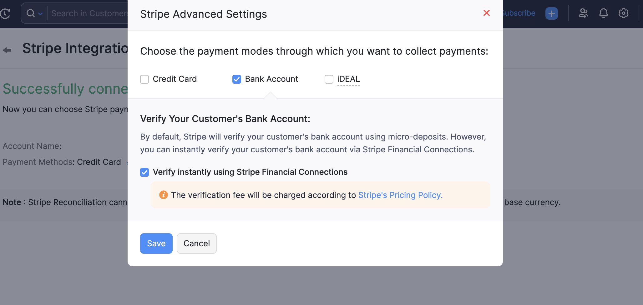 Enable Stripe Financial Connections
