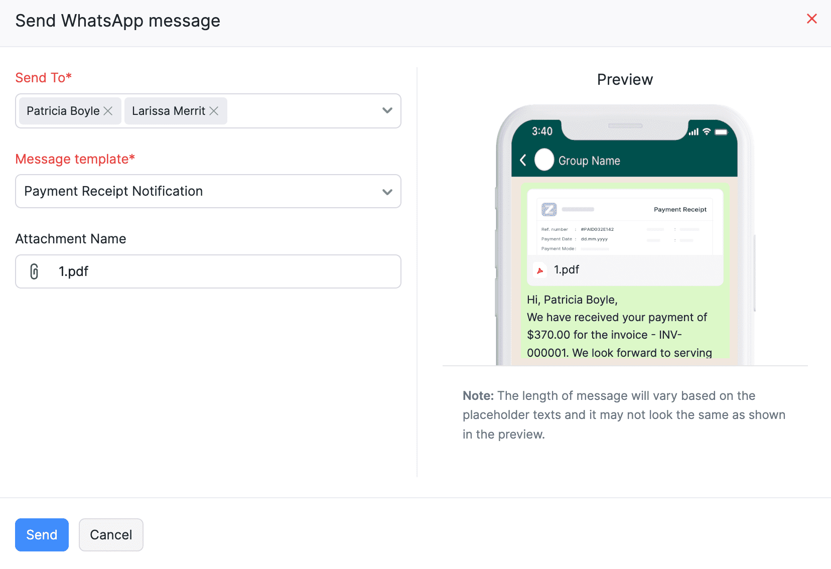 Send WhatsApp Message - Payment Receipt