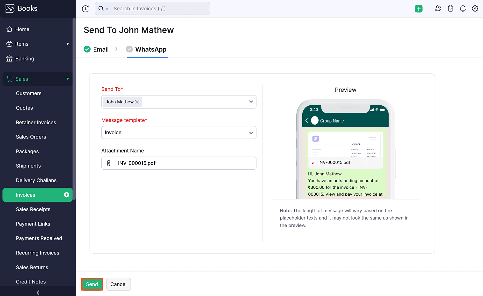 Send WhatsApp Message Invoice Template