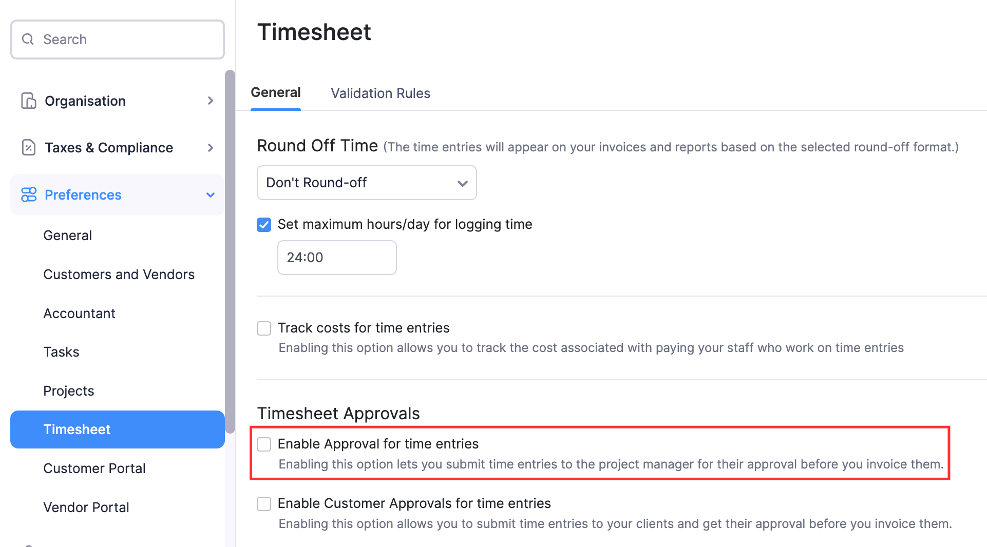 Uncheck the Enable Approvals for time entries option