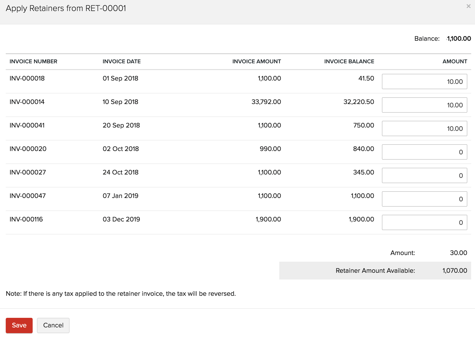 Apply Retainer Invoice