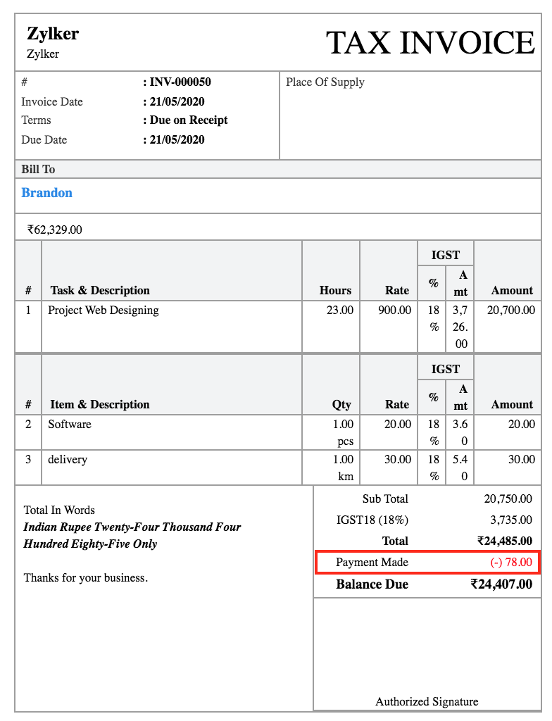 Deducted in the Invoice