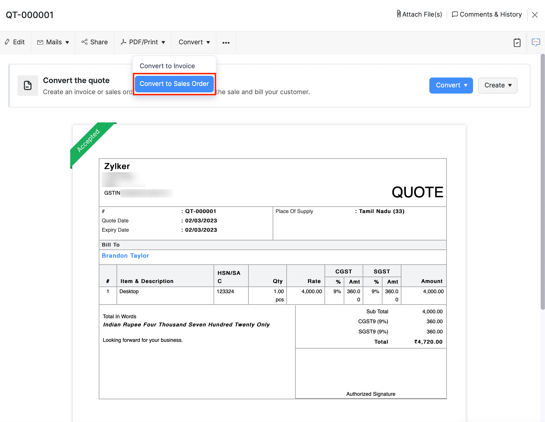 Convert Quote to Sales Order