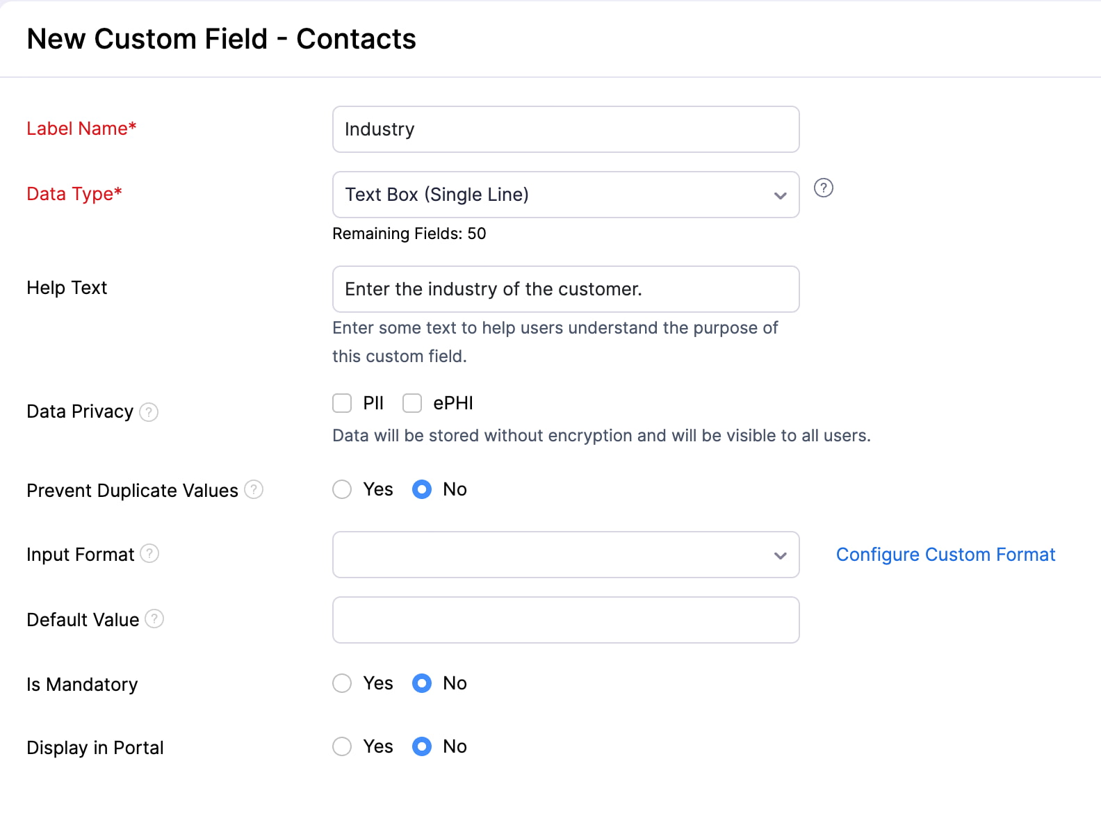 The New Custom field of a custom module. Enter the required details to create the custom field.