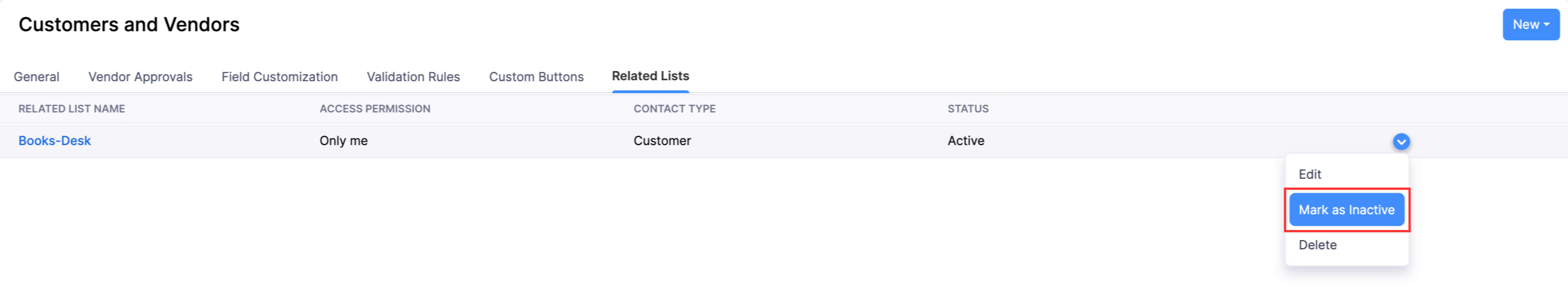The Related Lists page of a module. Hover a related list, click the Dropdown icon, and select Mark as Inactive to disable it.