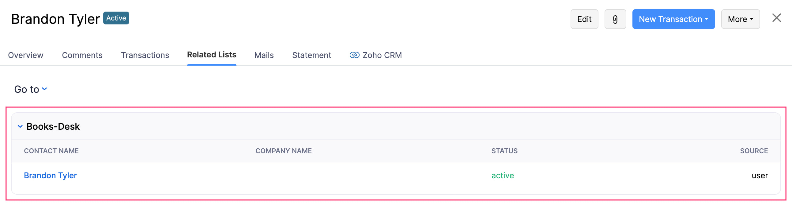 The Related Lists tab of a record. Click a related list to view its details.