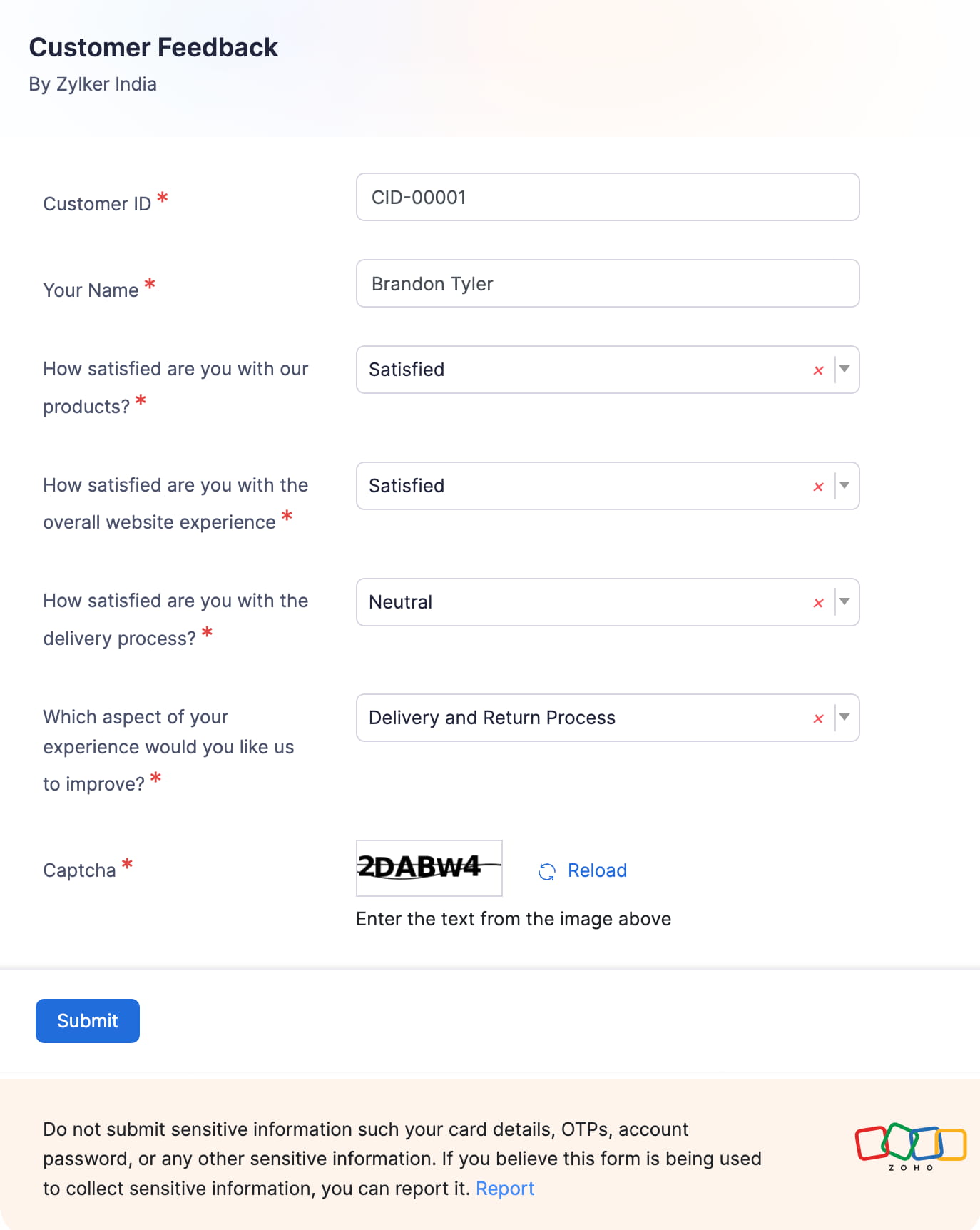 A form created for a custom module by a Zoho Books user. Fill in the required details in the form and submit it.