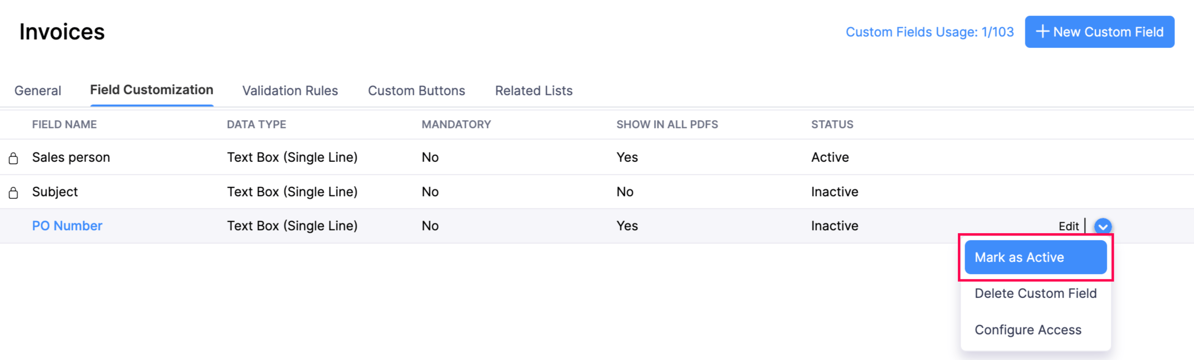 Mark Custom Field as Active