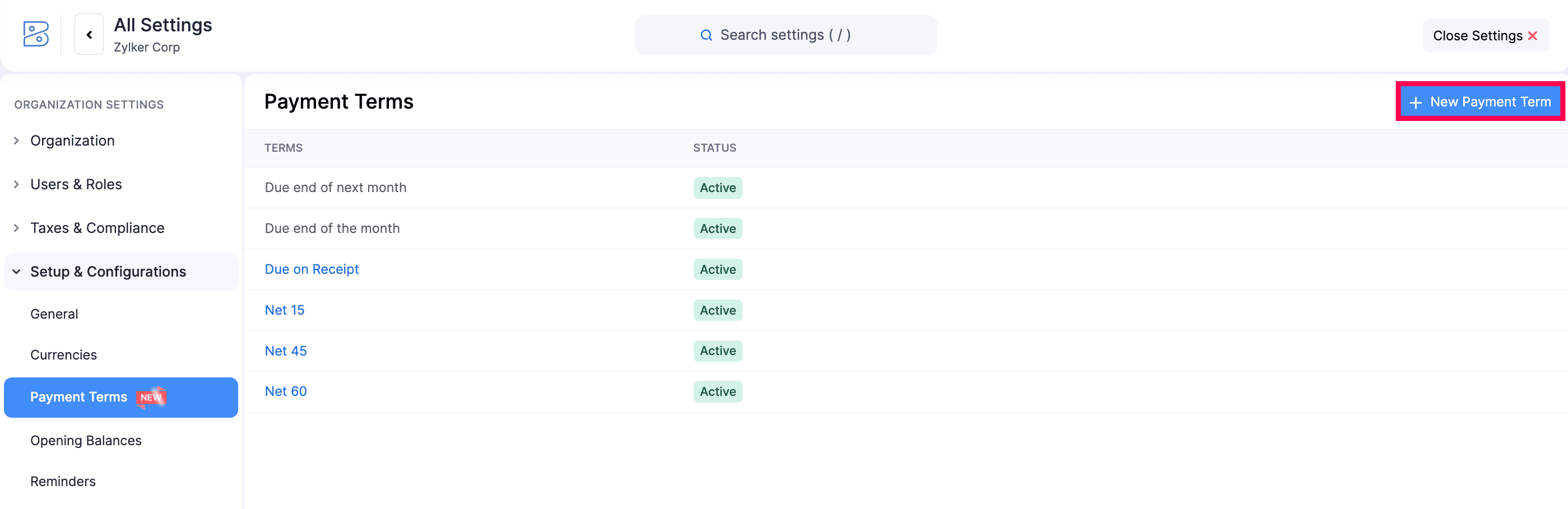 Payment Terms Settings Page