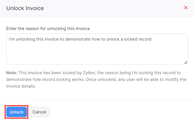 Enter reason for unlocking the record