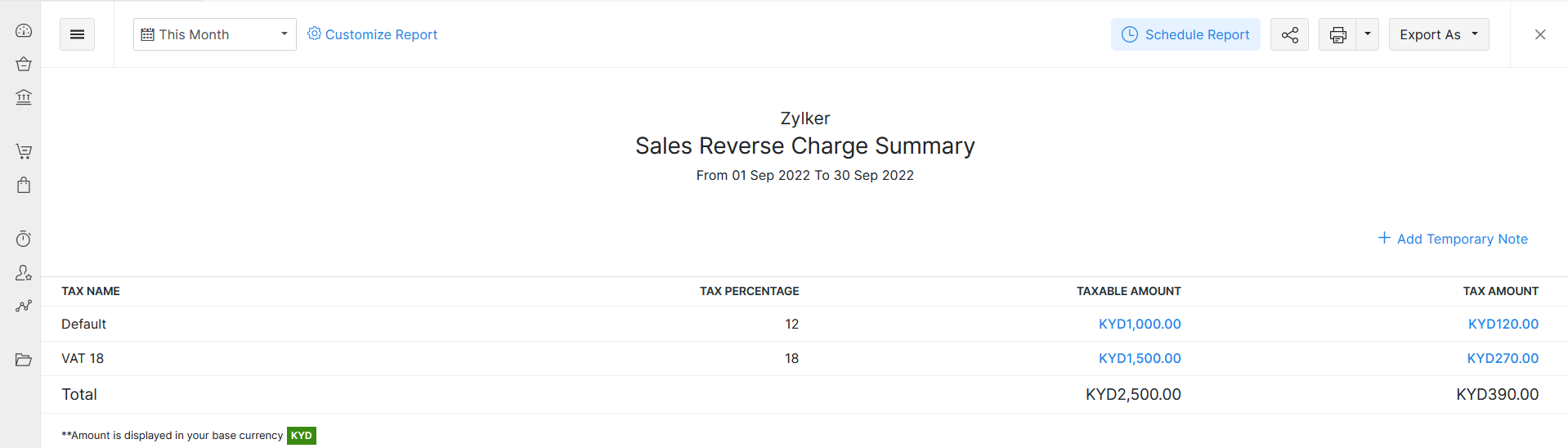 Sales Reverse Charge Summary report