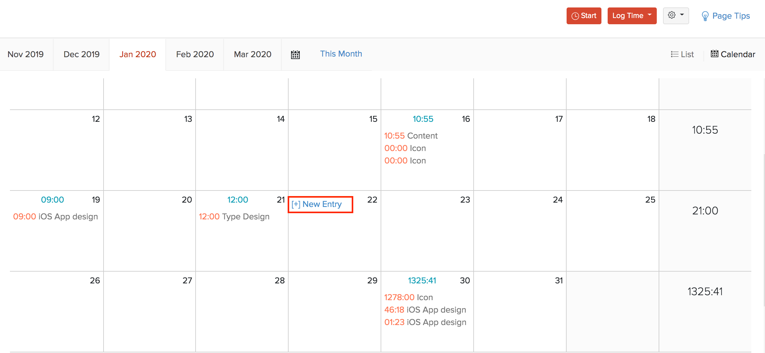 Calendar View Timesheet