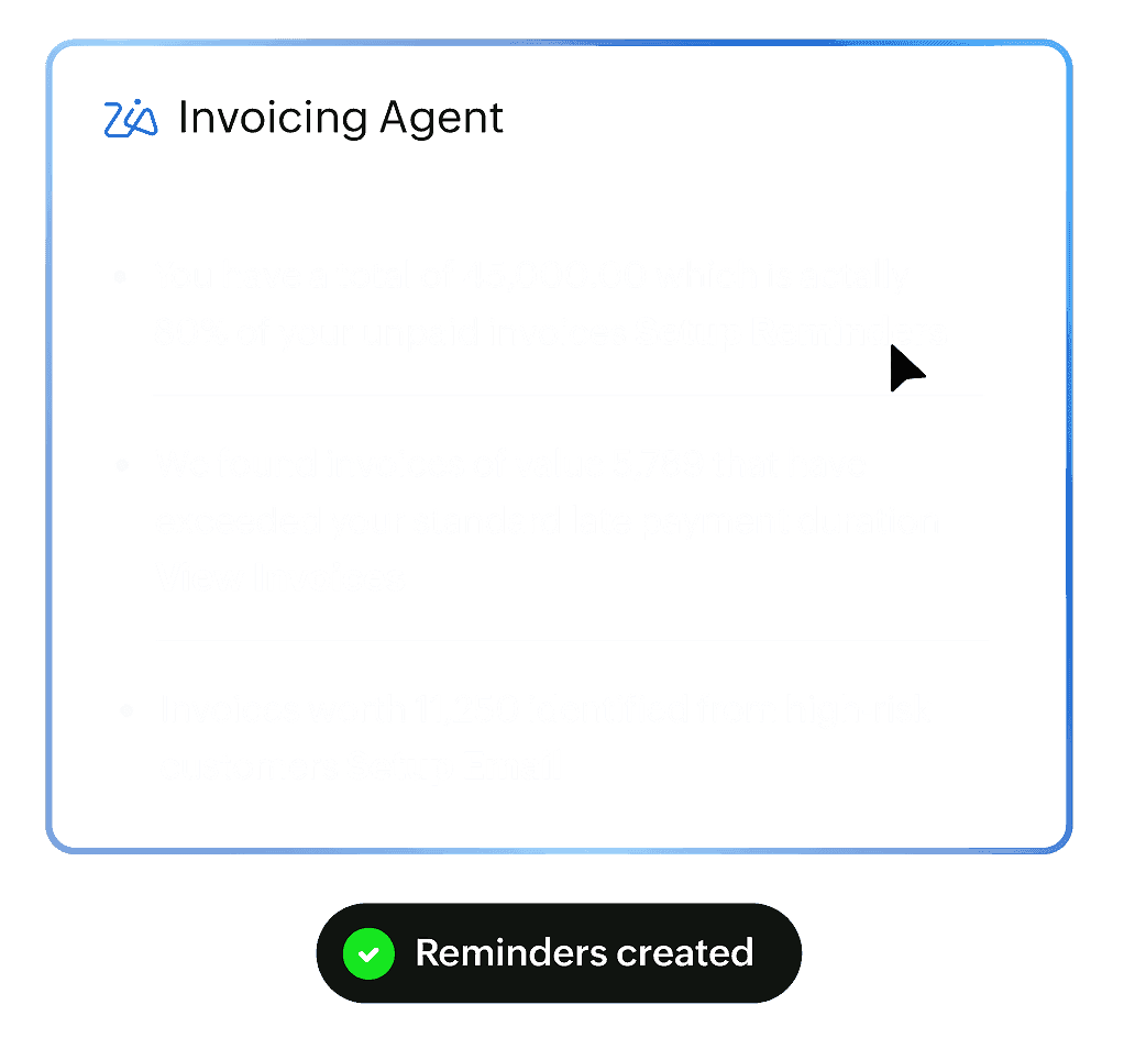 A panel in the Invoices module shows bullets generated by Zia with links to take actions like setup reminders, setup email, and view invoices.