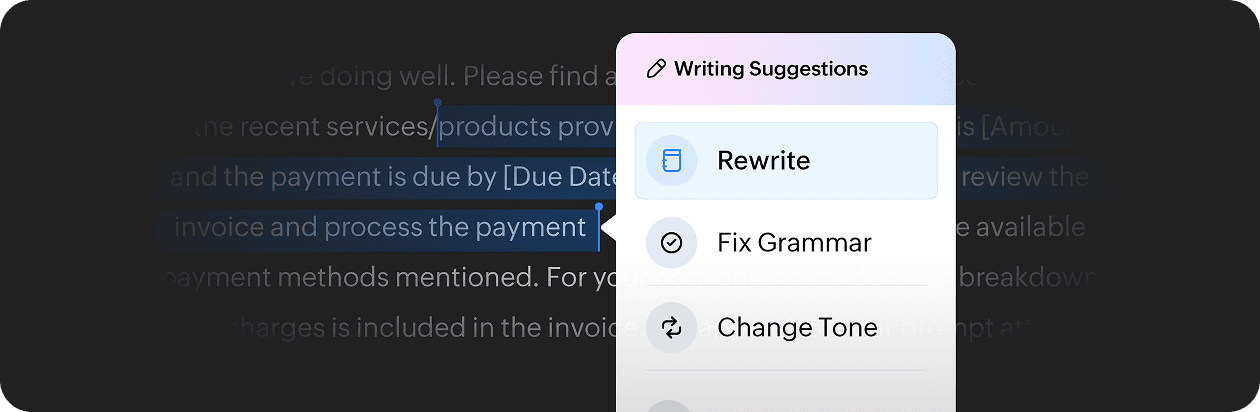 Email template shows writing assistant with options to make changes to the draft and selected text.