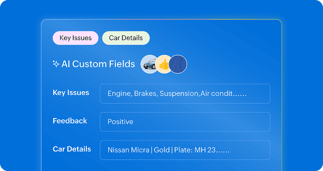 Zia-generated custom field information like car details, sentiment analysis, and key issues based on uploaded image and issue shared by customer.