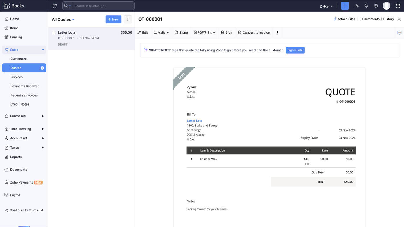 Approve and sign quotes - Zoho Sign integration | Zoho Books