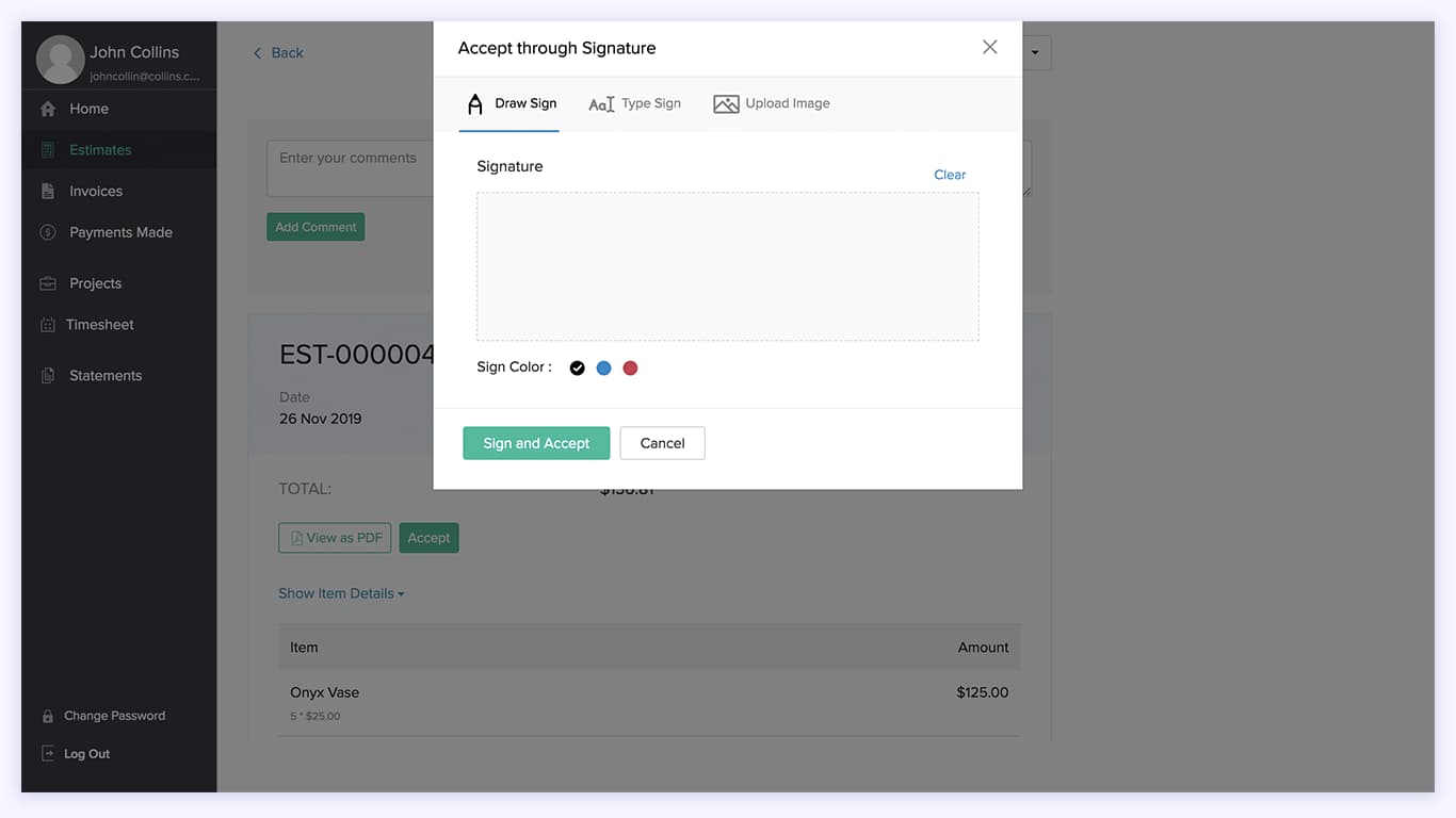 Clients can digitally sign and accept estimates - Zoho Sign integration | Zoho Books