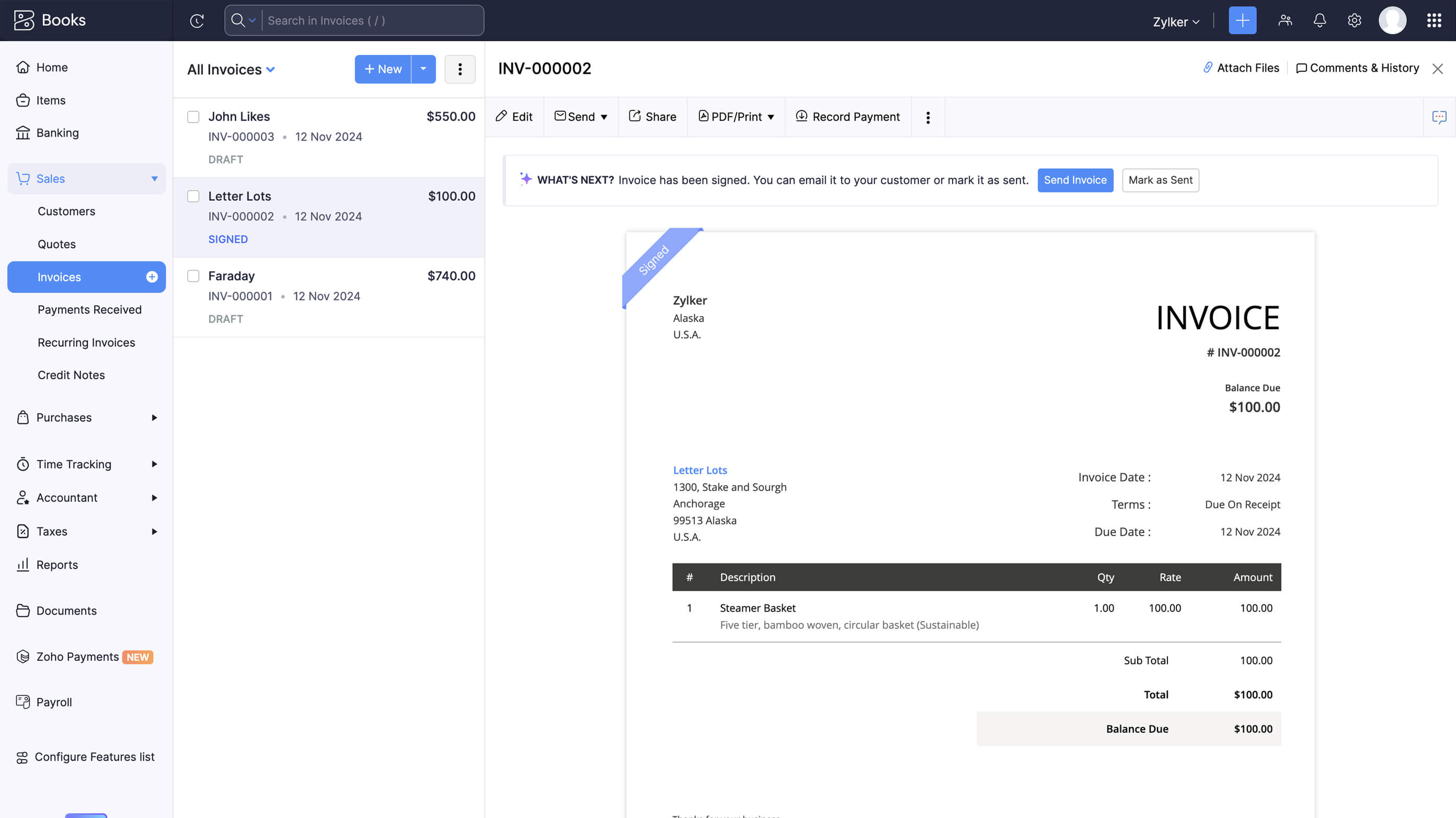 Zoho Books Zoho Sign Integration
