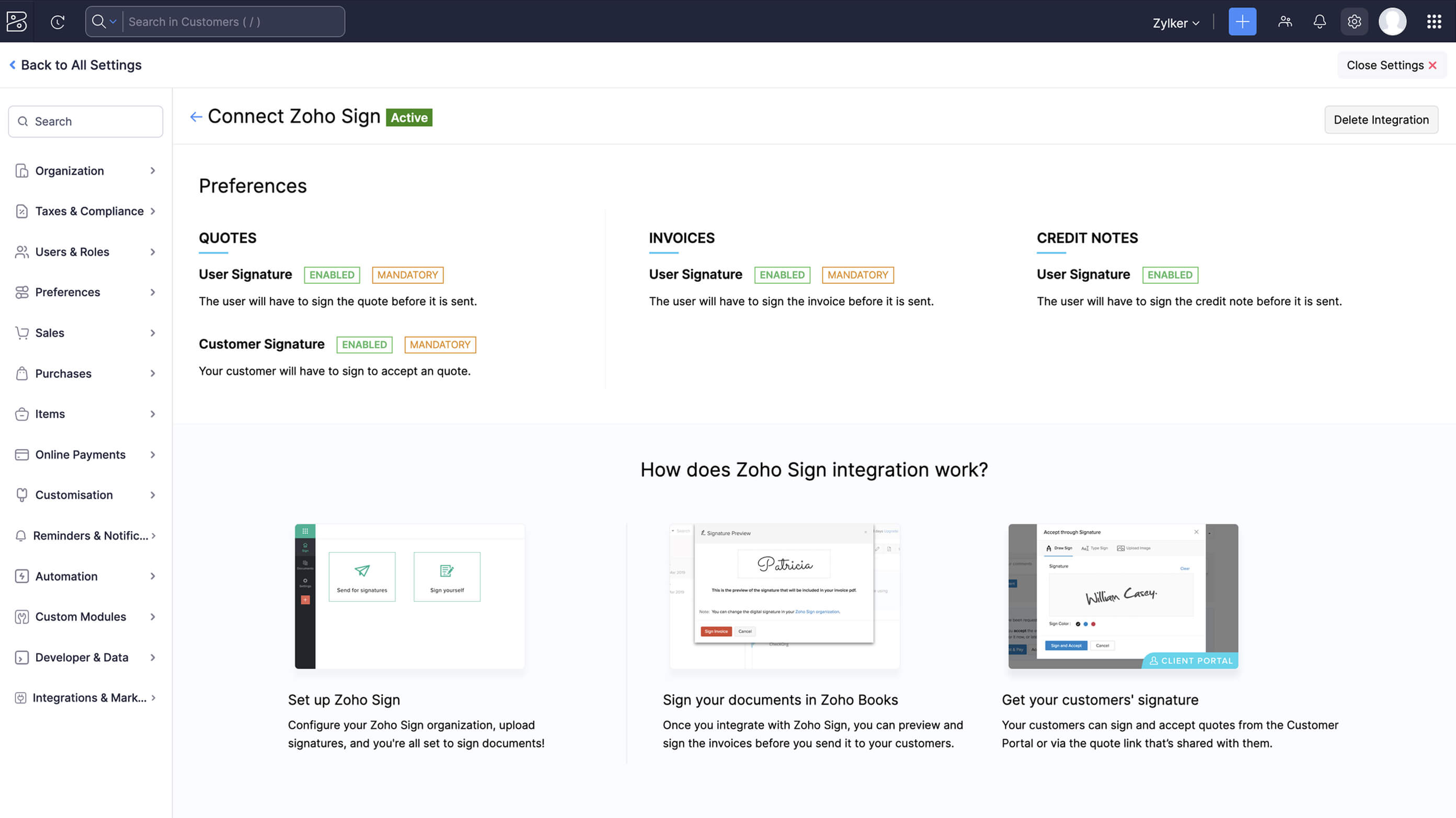 Zoho Books Zoho Sign Integration