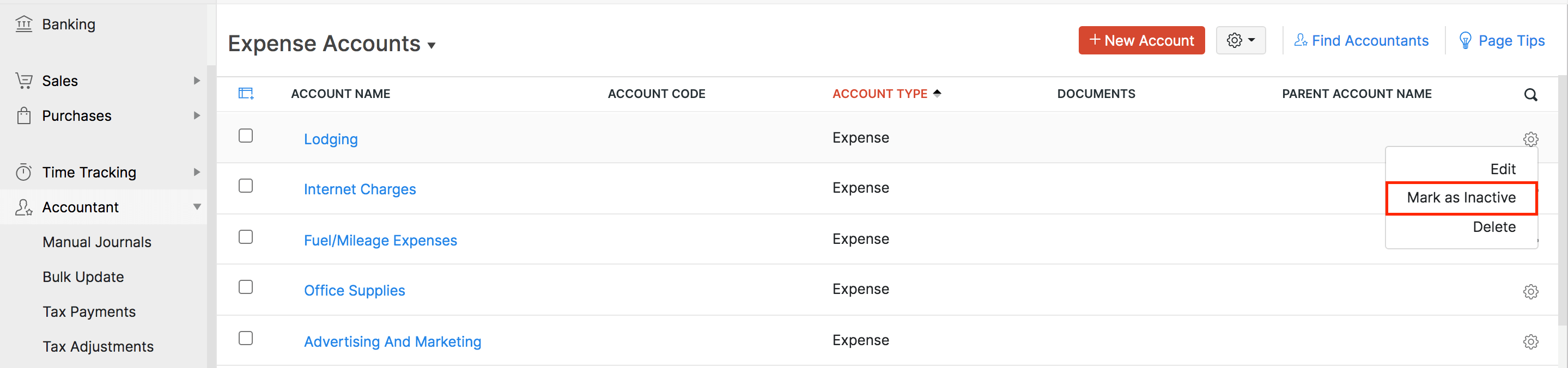 Mark Expense Account Inactive