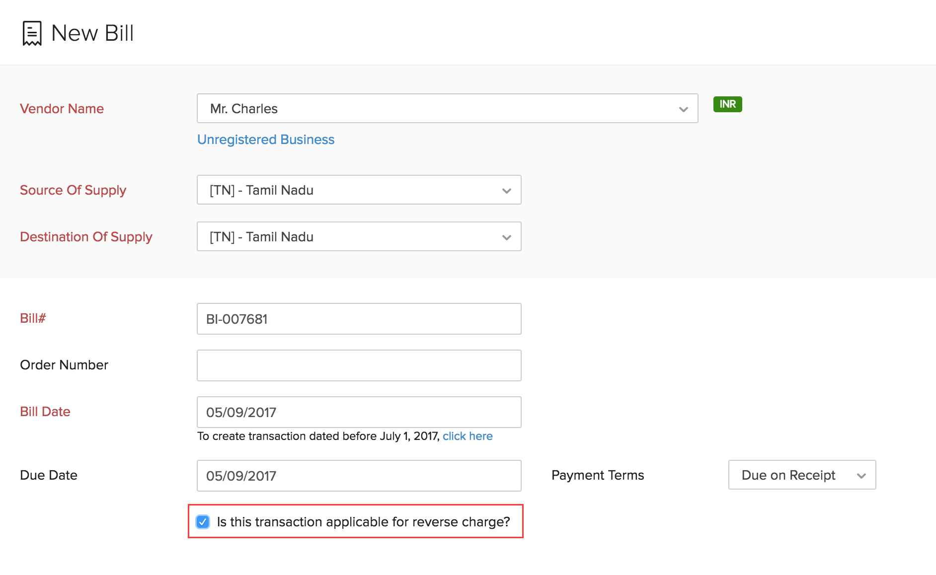 Applying reverse charge