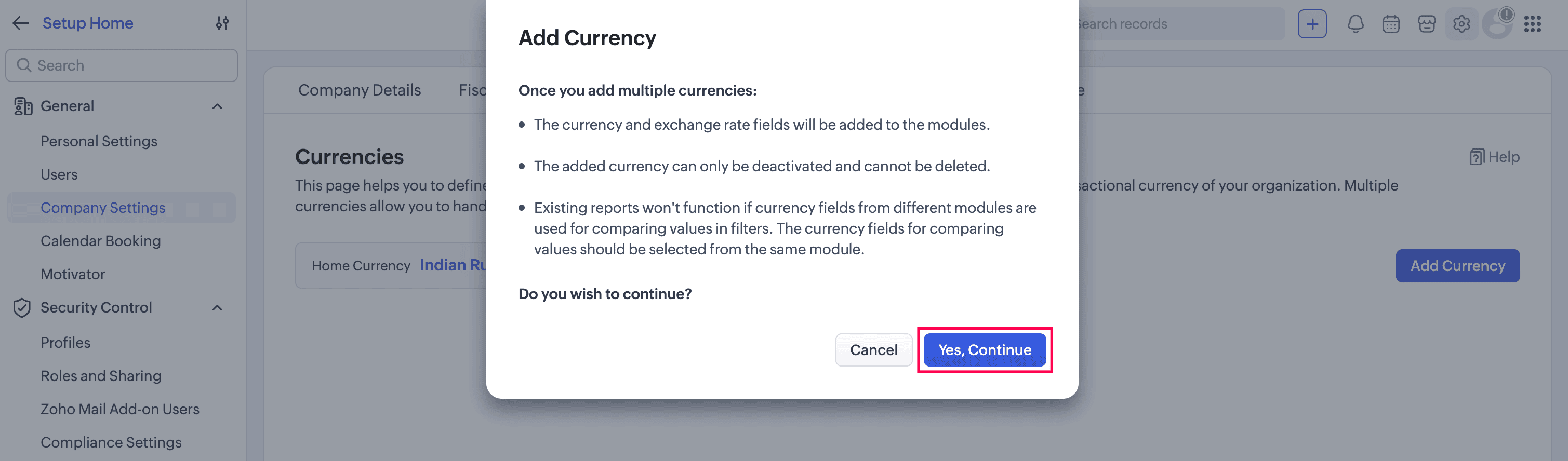 Enable Multi currency in Zoho CRM