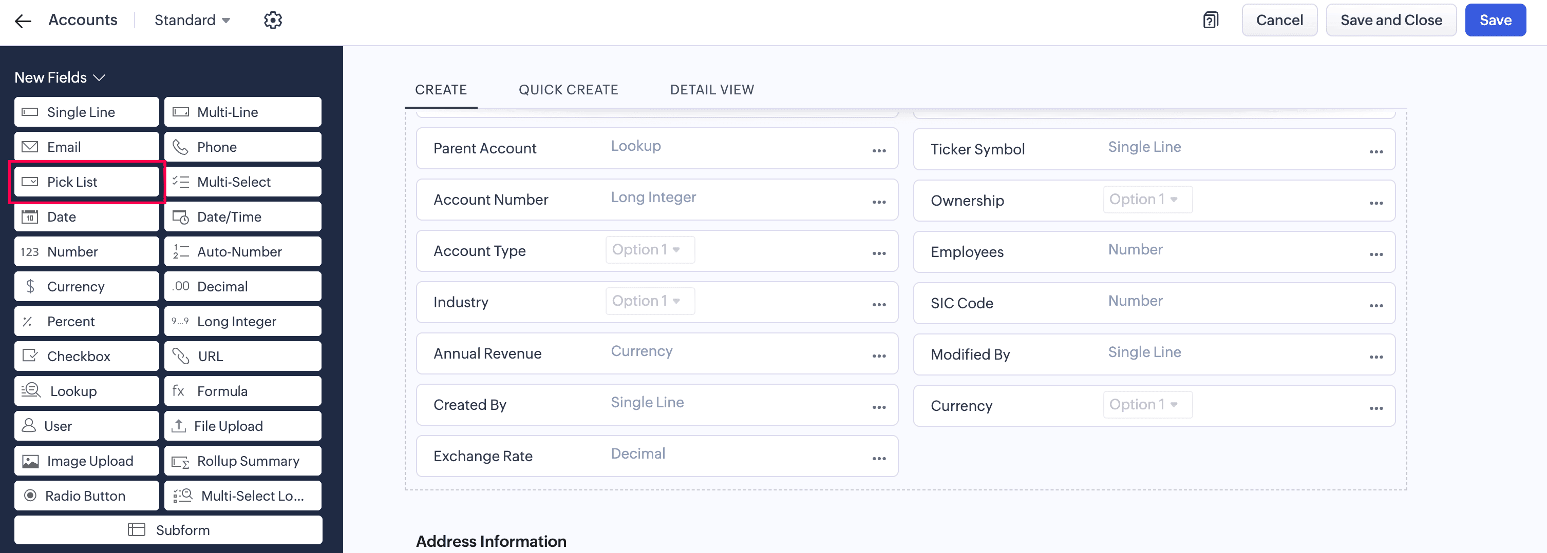 Zoho CRM Payment Terms custom field