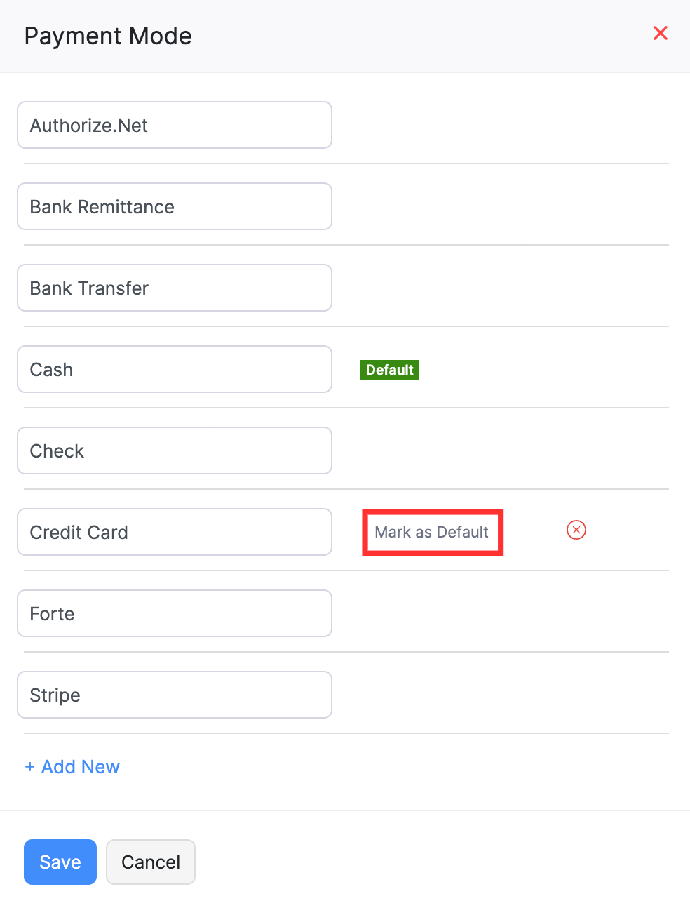 Click 'Mark as Default' next to the preferred payment mode