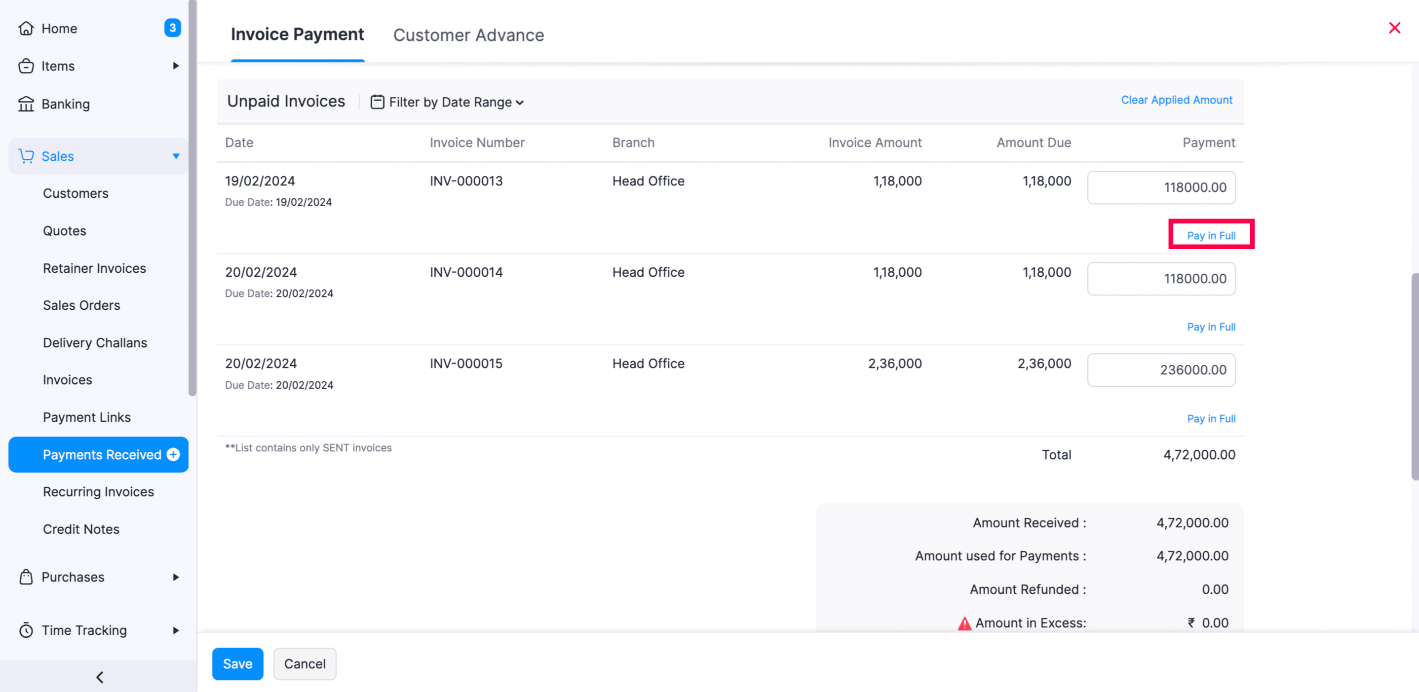 An image showing a list of unpaid invoices pertaining to a single customer in Zoho Books.