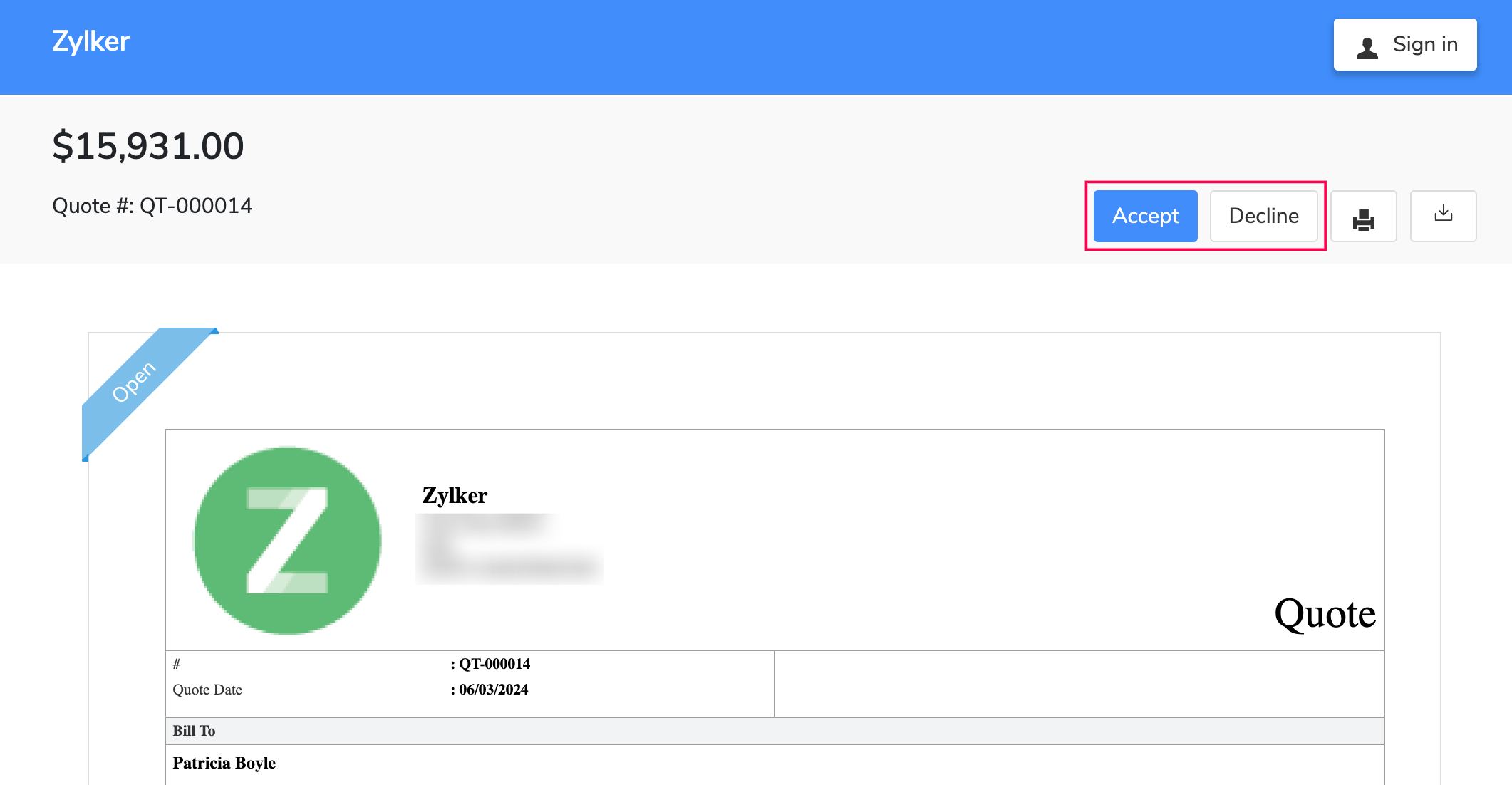 Accept and Decline Buttons in Public Link for Customers in Zoho Books