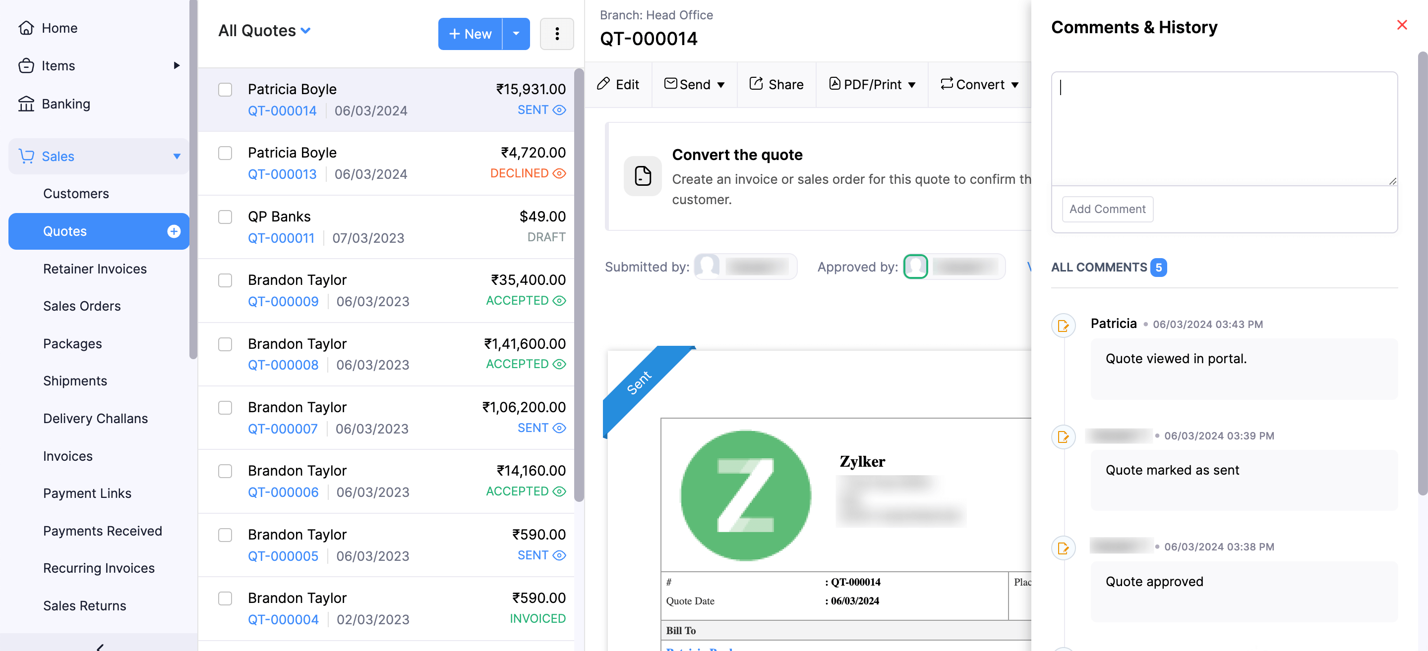 Comments and History Section in Quotes Details Page in Zoho Books